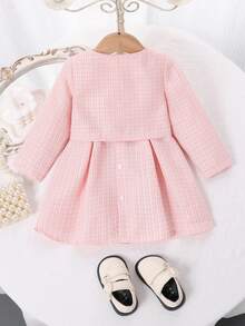 SHEIN Genkimix Kids 2 pièces Ensemble robe sans manches et veste courte en tweed style classique avec dentelle et nœud pour bébé fille. Convient pour les fêtes, Noël, Nouvel An, anniversaire - Rose pâle - Voir 2