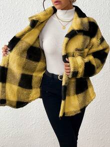 INAWLY 女式黄色格子短款时尚百搭保暖冬季常规夹克