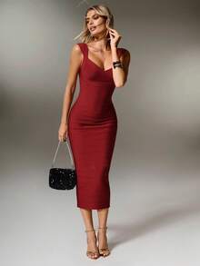 Nuvra Women's Fitted Waist Ribbed Knit Burgundy Midi Bodycon Party Dress