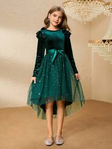 Váy nhung dài tay thanh lịch cho bé gái tuổi mới lớn, có eo thắt ngọc trai, chân váy lưới ngôi sao hai lớp, màu xanh ngọc lục bảo - Màu xanh lá cây đậm - Xem 5