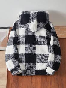 Teenage Boys' Basic Black Casual Fleece Hooded Jacket - Black and White - View 2