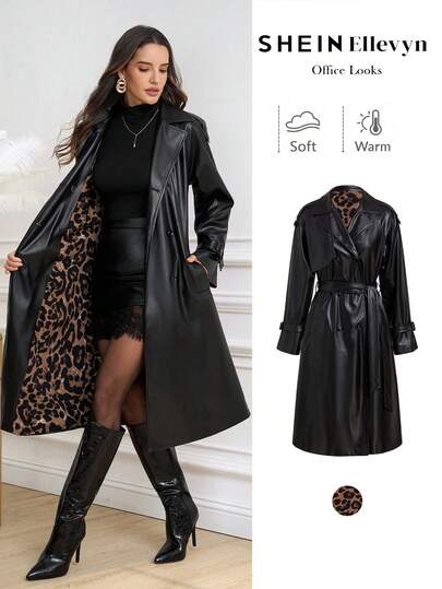 Ellevyn Women's Commuter Leopard Print Lined PU Windbreaker, Lightweight Suitable For Autumn/Wintergoing Out Saudi National Day Christmas Clothes Autumn Clothes For Women's Winter Jacket Halloween Christmas,Fall,Winter Clothes For Women