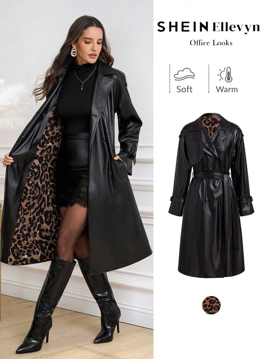 Ellevyn Áo gió PU lót họa tiết da báo đi làm cho nữ, nhẹ, phù hợp cho mùa thu/đông - màu đen - Xem 1