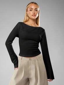 MISSGUIDED Ribbed Long Sleeve Knit Top Boat Neck Pullover Sweater Fall Winter Casual Basic - Black - View 5