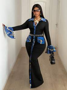 Maweii Plus Size Women's Sexy Long Sleeve Patchwork Flare Sleeve Cardigan With Button, Color Block Pocket Lapel Collar Long Slim Fit Black Dress, Autumn/Winter/Spring - Black - View 6