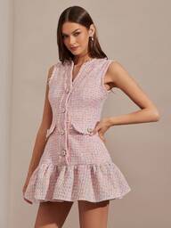 Enchnt Romantic Pink Floral Tweed Dress With Tassels And Delicate Pearl Button Embellishments Is A Cute, Sleeveless Princess-Style Mini Dress Perfect For Autumn And Winter. Stylish And Elegant, It's Suitable For Parties, Dates, Holidays, Graduations, The Office, Outings, Halloween, Christmas, And Other Occasions. Also Suitable For Autumn Women's Wear, Autumn Outfits, Autumn Suits, Carnivals, And New Year's Women's Wear.