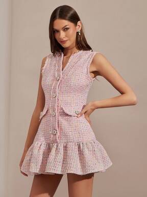 Enchnt Romantic Pink Floral Tweed Dress With Tassels And Delicate Pearl Button Embellishments Is A Cute, Sleeveless Princess-Style Mini Dress Perfect For Autumn And Winter. Stylish And Elegant, It's Suitable For Parties, Dates, Holidays, Graduations, The Office, Outings, Halloween, Christmas, And Other Occasions. Also Suitable For Autumn Women's Wear, Autumn Outfits, Autumn Suits, Carnivals, And New Year's Women's Wear.