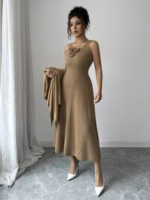 SHEIN Elenzya 2pcs Floral Sleeveless Dress & Long Cardigan Sweater Set For Women, Autumn/Winter