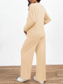 SHEIN 2pcs Maternity Set: Solid Color Round Neck Drop Shoulder Long Sleeve Top And Adjustable Waist Pants,Casual 2 Pieces Lounge Sets,Peach Autumn Everyday - Apricot - View 2