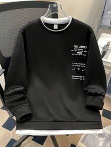 SHEIN 青少年男孩拼色字母图案圆领运动衫，休闲学院风，舒适百搭，适合日常穿着、上学、户外活动、秋冬季 - 黑色 - 查看 2