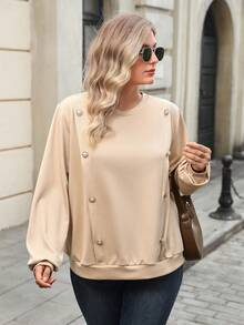 EMERY ROSE Plus Size Women's Fashion Double-Breasted Sweatshirt - Khaki - View 5