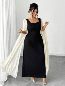 Elenzga Plus Size Women Elegant Waist Fitted Black & White Mesh Sleeve Dress Fall Cloth For Women - Black - View 5