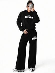 SHEIN Explorewe 2pcs/Set Teen Girls Casual Sports, Cherry & Letter Print Hoodie Sweatshirt + Loose Fit Thermal Lined Hoodie & Long Sweatpants Set Fall Winter - Black - View 5