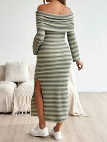 SHEIN 孕妇休闲条纹印花露肩连衣裙 - 綠色 - 查看 2