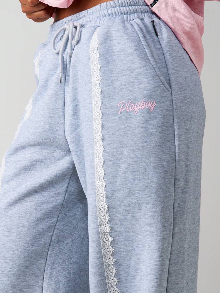 Missguided x Playboy Women's Casual Sweatpants With Lace Side Stripes And Drawstring Waist Comfort Loungewear