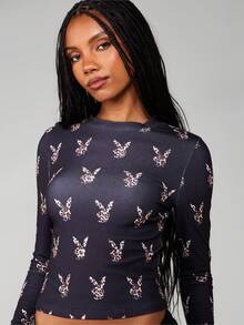 Missguided x Playboy Leopard Print Long Sleeve Crop Top With Crew Neck For Fall Winter Casual Wear - Multicolor - View 4