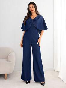 Elenzga 女士成熟知性优雅个性后背拉链开衫阔腿连体裤 - 藍色 - 查看 1