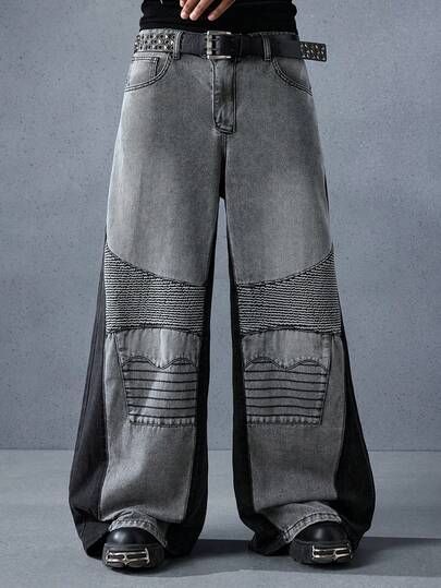 Street Life Men's Patchwork Contrast Color Loose Baggy Jeans