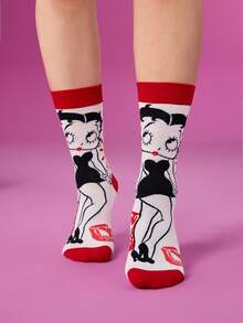 Betty Boop x SHEIN 2 双柔软透气吸湿排汗休闲女士中筒袜，时尚黑白可爱女士中筒袜，加固脚趾和脚跟，经久耐用，四季百搭，夏季冬季 - 彩色 - 查看 7