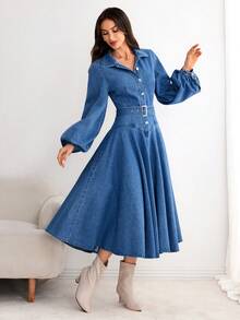 Selianne 女士优雅休闲牛仔连衣裙 - 藍色 - 查看 3