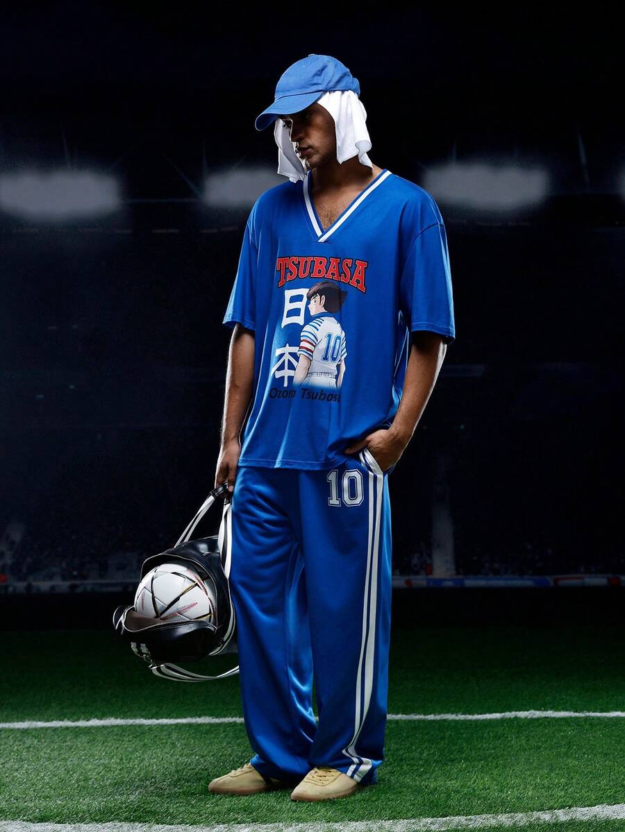 Captain Tsubasa X SHEIN Bộ quần áo thun tay ngắn cổ chữ V họa tiết chân dung thường ngày dành cho nam, mùa hè - Xanh đậm - Xem 1