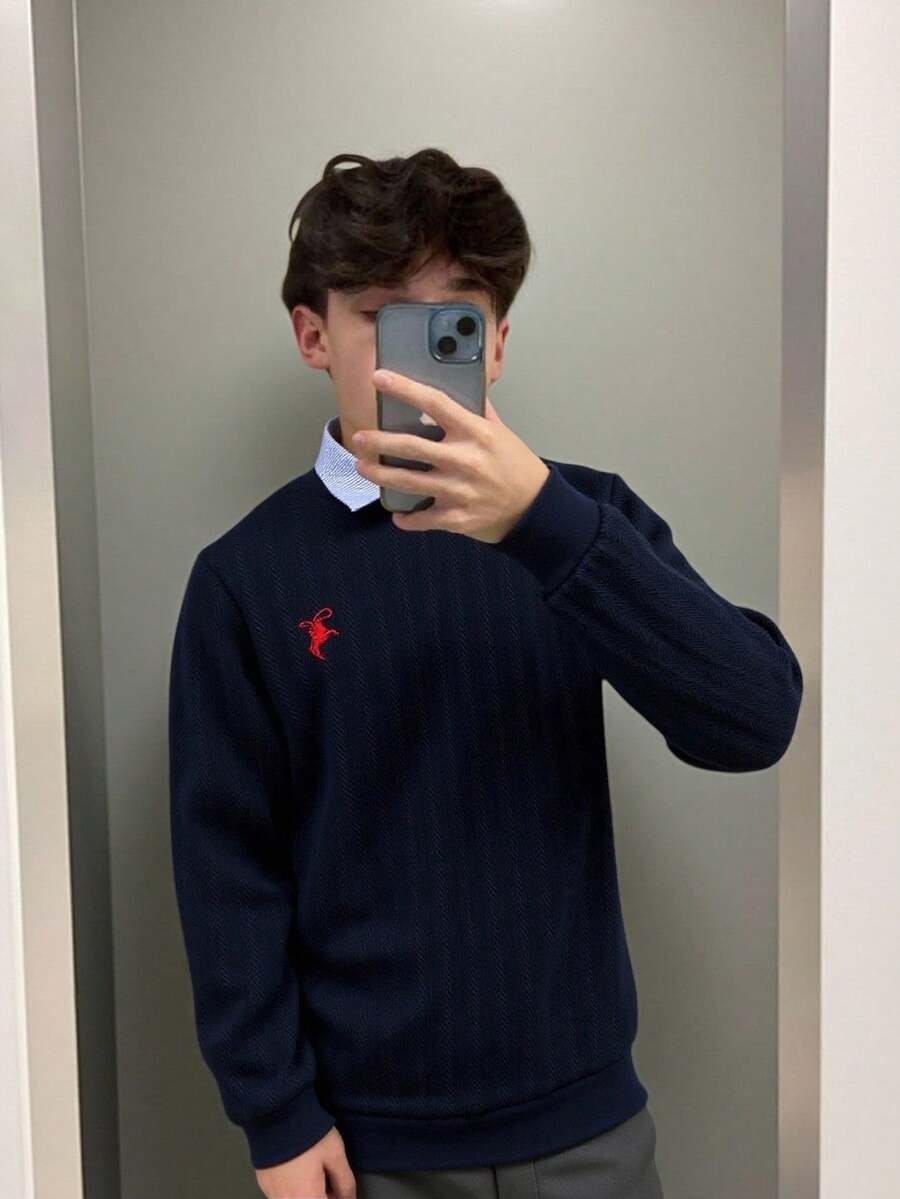 SHEIN 1 st tonårspojke gentleman-stil enfärgad marinblå rund halsad tröja för casual, mångsidig och snygg för affärer, skola, födelsedagsfest, vardagskläder, elegant och minimalistisk design - Marinblå - Visa 1