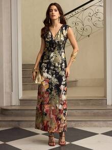 ZEYLAH V领修身直筒H型提花长连衣裙，秋冬 - 黑色 - 查看 5