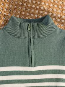 SHEIN 2pcs/Set Baby Boy/Girl Casual Sports Chic Gentleman College Style All-Match Versatile Stand Collar Half-Zip Striped Sweater & White Knit Pants Set Autumn Winter Clothes For Women - Green - View 4