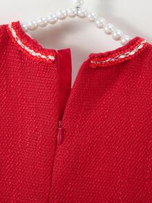 SHEIN Glamorique Kids 女婴优雅蝴蝶结 3D 花卉装饰无袖连衣裙，适合婚礼、派对、生日、度假、拍照、夏季 - 紅色 - 查看 6