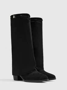 CUCCOO BIZCHIC 女士时尚方头粗跟黑色绒面革宽筒过膝长靴，简约通勤粗跟高筒靴，女士过膝长靴 - 黑色 - 查看 2