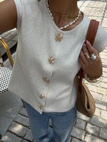 Siren Gaze 女装秋冬新款金属扣装饰针织背心海星纽扣上衣贝壳纽扣上衣女针织上衣，秋季 - 杏色 - 查看 1