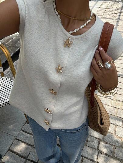 Siren Gaze Women's Autumn/Winter New Metal Buckle Decor Knitted Vest Starfish Button Top Seashell Button Top Women Knit Top,Fall Casual