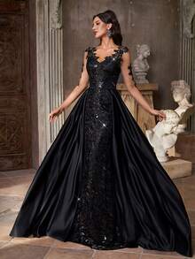 Aureia Váy maxi dài tay cổ chữ V bằng vải satin mỏng đính hạt sequin đen thanh lịch, đuôi cá dài thướt tha, phù hợp cho mọi dịp trang trọng, đám cưới, sự kiện, hẹn hò, kỳ nghỉ, tiệc tùng, dạ tiệc - màu đen - Xem 7