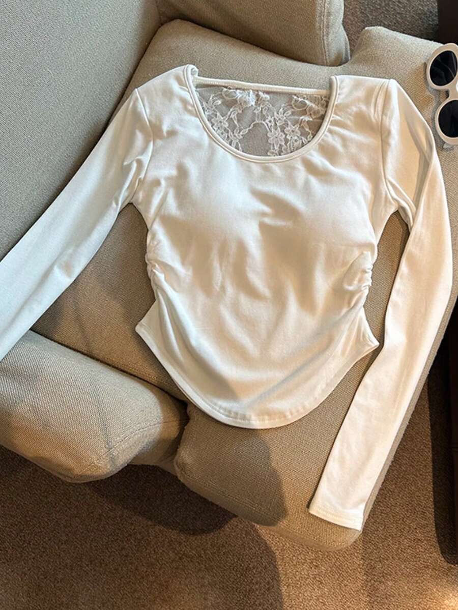 Franclia Ladies Lace Paneled Top With Chest Pads - White - View 1