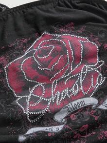 ROMWE J-Fashion Y2K Style Rose Print Rhinestone 2 Pieces Lace Trim Halter Ruched Camisole - Black - View 4