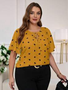 Reflora Plus Size Women Heart Ruffle Trim Tie Neck Summer Blouse - Yellow - View 3