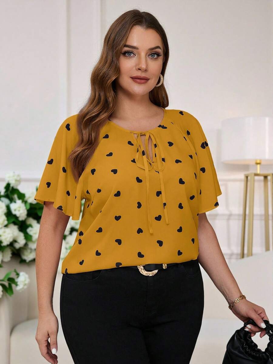 SHEIN Clasi 大码女式心形荷叶边饰带领夏季衬衫 - 黃色 - 查看 1