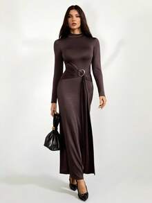 SHEIN Tall Women's Solid Color Stand Collar Long Sleeve Tie Design Fitted Elegant Brown Dress - Coffee Brown - View 3
