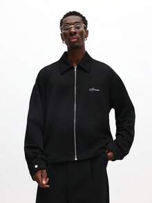 SUMWON Áo khoác Harrington Bomber nam dáng crop fit có khóa kéo phía trước và cổ bẻ, thích hợp mặc thường ngày - màu đen - Xem 1