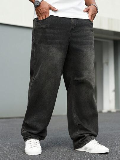 Manfinity Homme Plus Size Men's Casual Loose Fit Pockets Denim Jeans Men Baggy Black Jeans