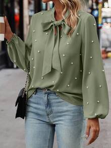 Louniche Blusa Elegante Feminina com Decoração de Pérolas Falsas, Gola Nó, Manga Lanterna, Outono