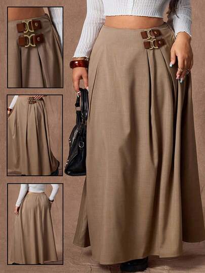 Rustia Plus Size D-Ring Decor Elastic Waist A-Line Skirt