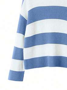 SHEIN EMERY ROSE CURVE Plus Size Casual Colorblock Striped Plus Size Sweater, Autumn/Winter - Blue - View 3