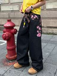 Manfinity EMRG Jeans droits et larges de mode de rue décontractée pour hommes avec design floral brodé à carreaux