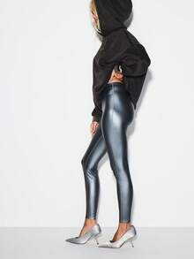 KIZN 金属箔紧身裤高腰全长镀铬裤子时尚宣言 - 灰色 - 查看 4