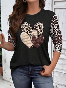 EMERY ROSE Women's Plus Size Casual Heart & Leopard Print Round Neck Long Sleeve T-Shirt