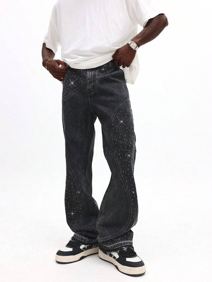 SUMWON Flare Leg Rhinestone Sparkle Embellished Denim Jeans With Star Decorations For Festival Concert Outfits Plain - Black - View 1