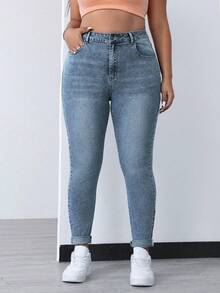 SHEIN EZwear 帶口袋大碼純色緊身休閒牛仔褲 - 中等水洗藍 - 查看 6