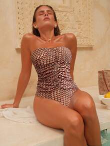 Swim Chiccia Women's 2-Piece Set, Spring/Summer Chain Cycle Print, Elegant Ruched Design Camisole & Bikini Top - Brown - View 3