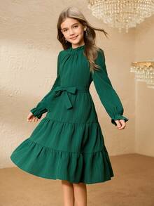 女童圣诞绿色长袖连衣裙，休闲百搭童装，适合青少年女孩日常穿着，秋冬季 - 綠色 - 查看 4